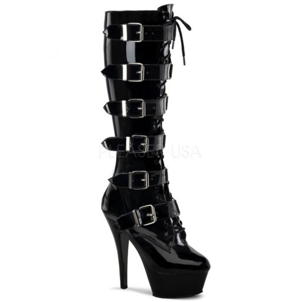 Pleaser Shiny Black Multi-Buckle Heeled Boots